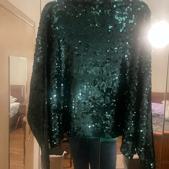 Anthropologie Alani Cashmere Mock Neck Sweater Sequin Ed EMERALD GREEN Sz XL NWT - Picture 13 of 14